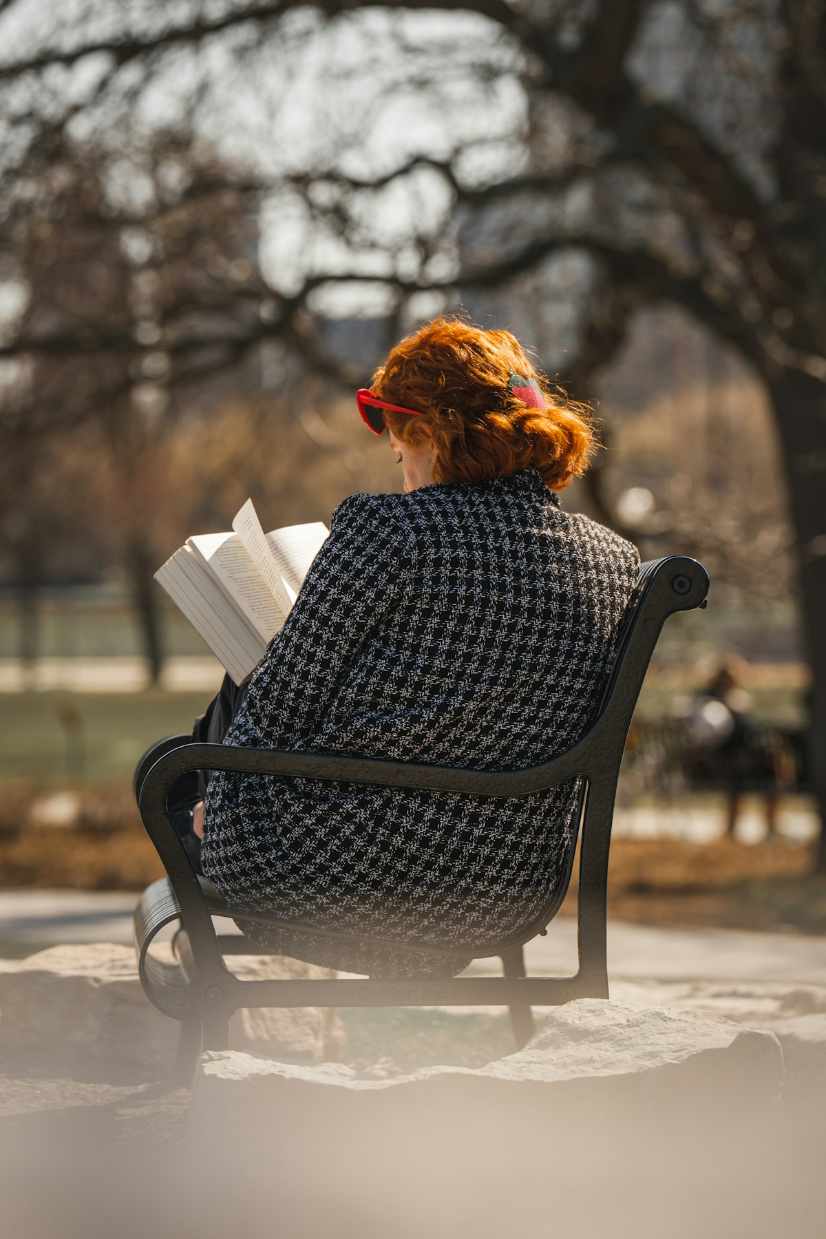 Mujer leyendo un libro en un banco de un parque